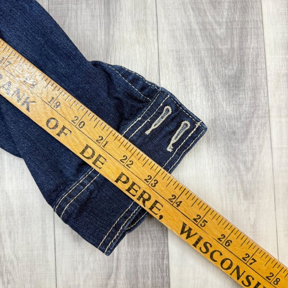 ✅Womens L Vanity Jean Jacket Blue Denim Button Up Pockets Dark Wash Distressed - Picture 7 of 10